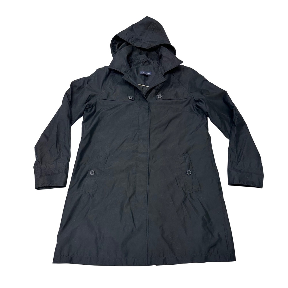 Lands' End Rain Coat Black Hooded Trench Jacket Outerwear Size M Women